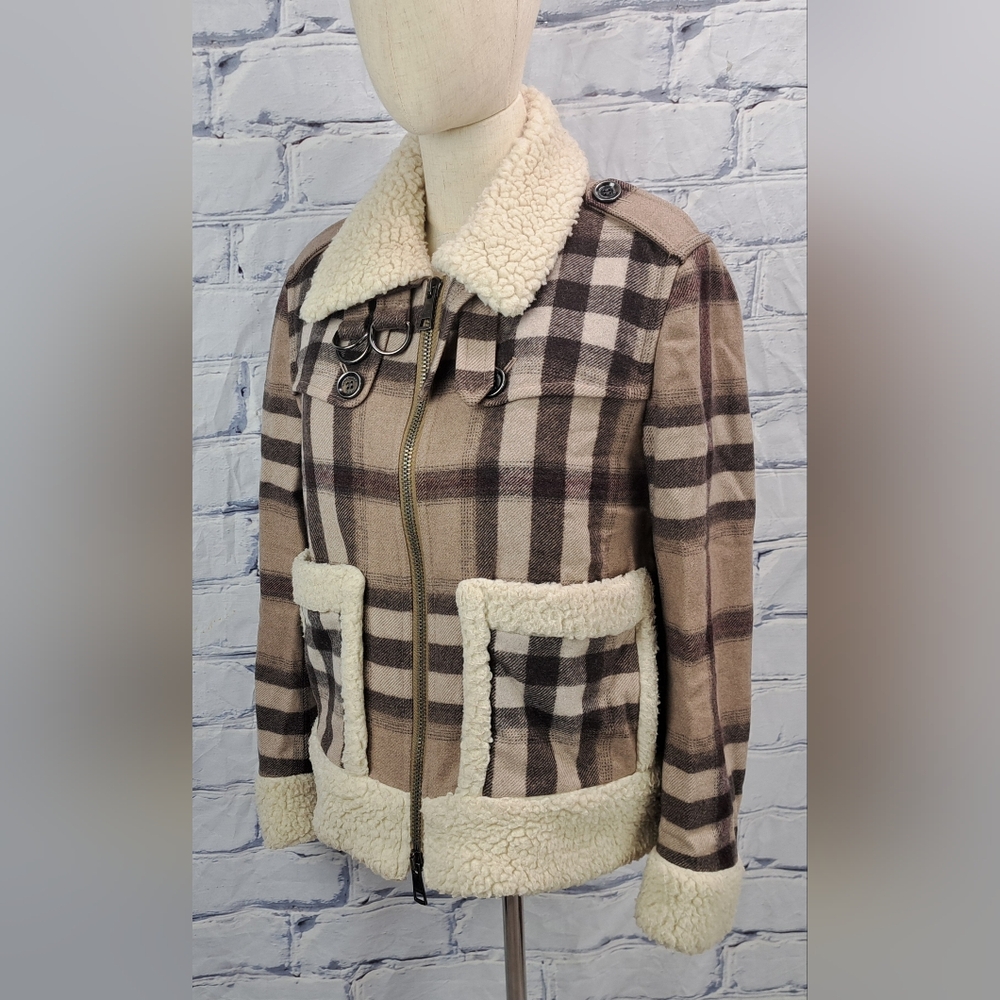 Burberry Brit Women's Wool Jacket Nova Check Faux Shearling Winter Bomber 6 US - Picture 2 of 15